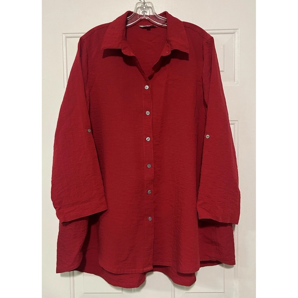 John Mark Top Womens L Red Button Up Tunic Long Sleeves Christmas Party‎ Blouse